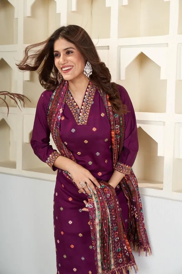 NEW_DESIGNER_COLLECTION_WINE_COLOUR_VISCOSE_CHANDERI_EMBROIDERED_WORK_WITH_CHINON_PRINTED_DUPATTA_FOR_WOMEN