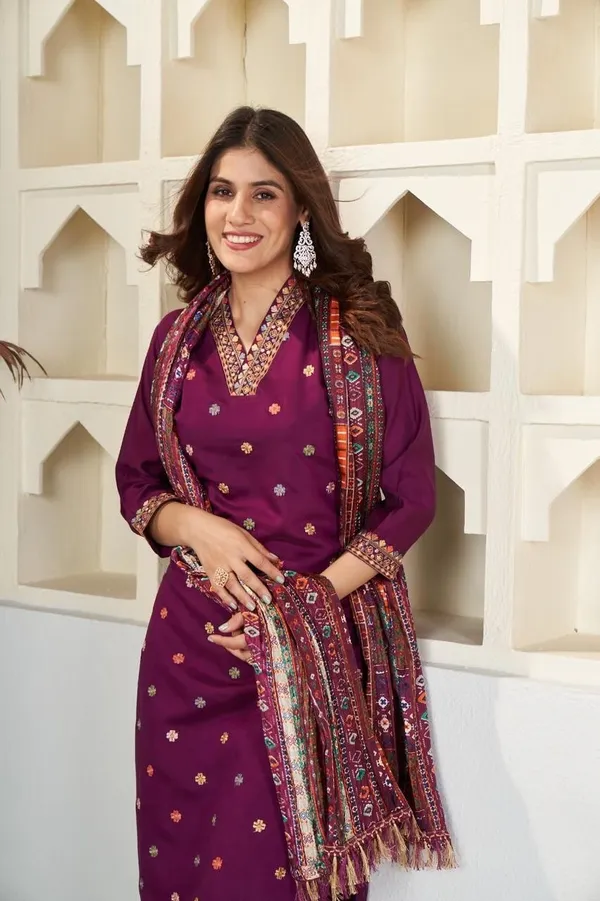NEW_DESIGNER_COLLECTION_WINE_COLOUR_VISCOSE_CHANDERI_EMBROIDERED_WORK_WITH_CHINON_PRINTED_DUPATTA_FOR_WOMEN