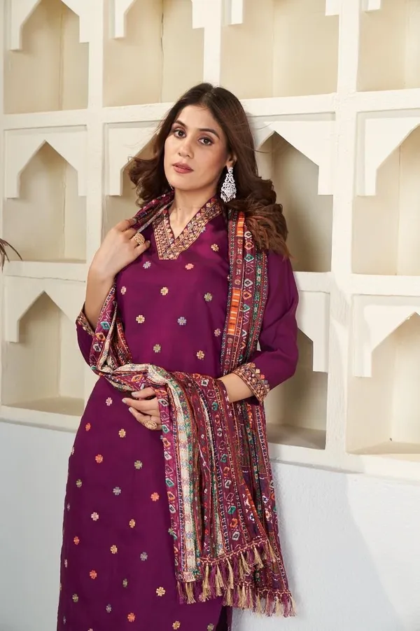 NEW_DESIGNER_COLLECTION_WINE_COLOUR_VISCOSE_CHANDERI_EMBROIDERED_WORK_WITH_CHINON_PRINTED_DUPATTA_FOR_WOMEN