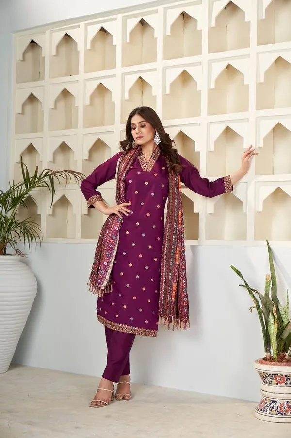 NEW_DESIGNER_COLLECTION_WINE_COLOUR_VISCOSE_CHANDERI_EMBROIDERED_WORK_WITH_CHINON_PRINTED_DUPATTA_FOR_WOMEN
