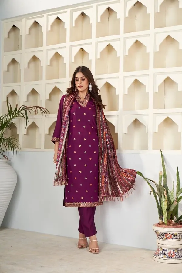 NEW_DESIGNER_COLLECTION_WINE_COLOUR_VISCOSE_CHANDERI_EMBROIDERED_WORK_WITH_CHINON_PRINTED_DUPATTA_FOR_WOMEN
