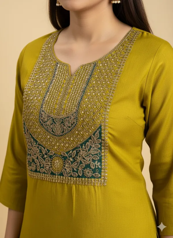 Mustard_Yellow_Embroidered_Ethnic_Kurta_Set_With_Green_Dupatta_For_Women
