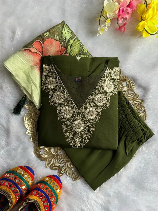 Olive_Green_Embroidered_Kurta_Set_With_Floral_Dupatta_For_Women