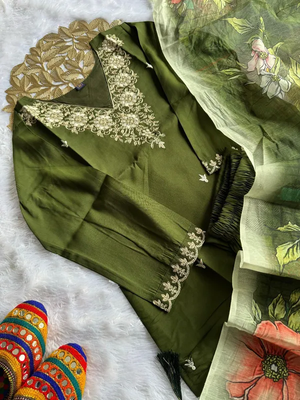 Olive_Green_Embroidered_Kurta_Set_With_Floral_Dupatta_For_Women
