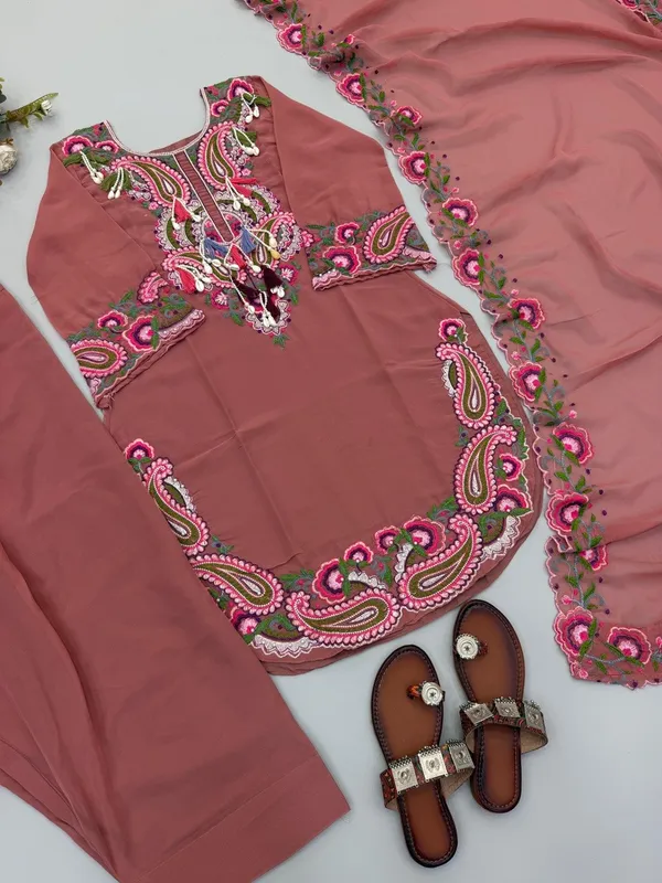 RUST_COLOUR_PURE_HEAVY_GEORGETTE_WITH_EMROIDERED_THREAD_WORK_FOR_WOMEN