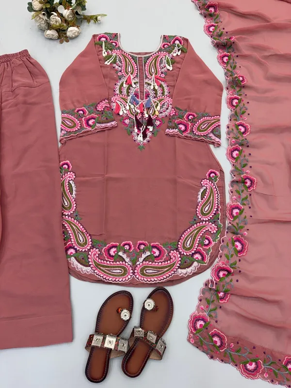 RUST_COLOUR_PURE_HEAVY_GEORGETTE_WITH_EMROIDERED_THREAD_WORK_FOR_WOMEN