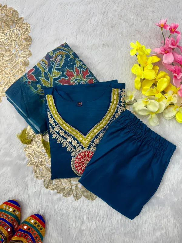Blue_Embellished_Kurta_Set_With_Printed_Dupatta_For_Women