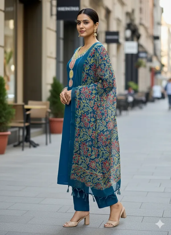 Blue_Embellished_Kurta_Set_With_Printed_Dupatta_For_Women