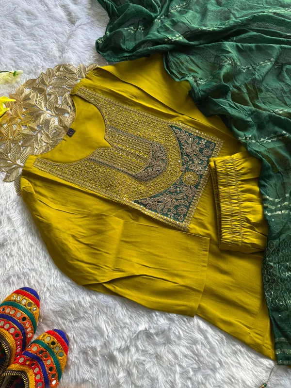 Mustard_Yellow_Embroidered_Ethnic_Kurta_Set_With_Green_Dupatta_For_Women
