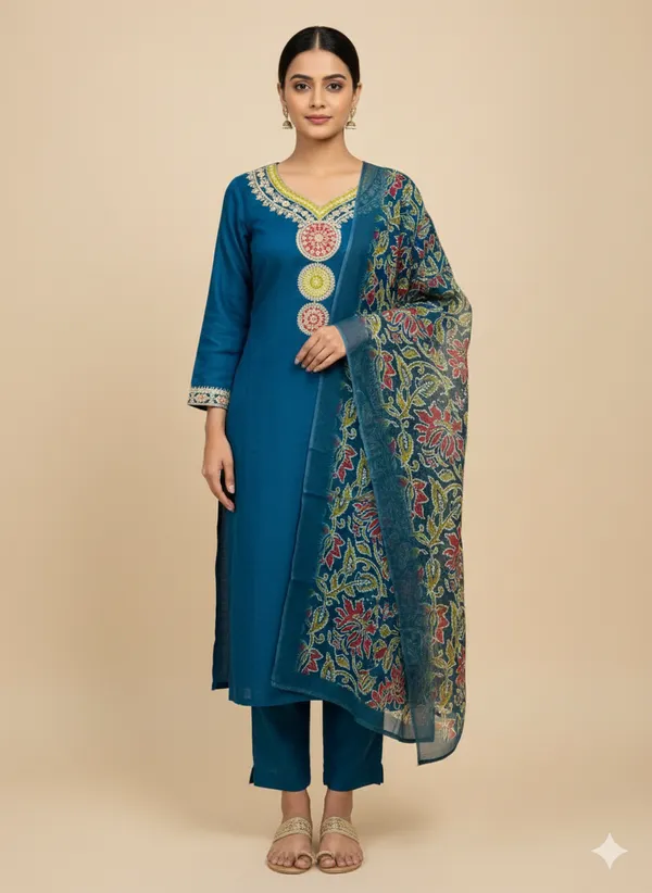 Blue_Embellished_Kurta_Set_With_Printed_Dupatta_For_Women