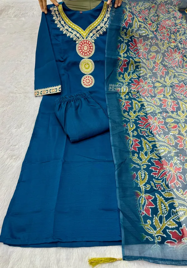 Blue_Embellished_Kurta_Set_With_Printed_Dupatta_For_Women