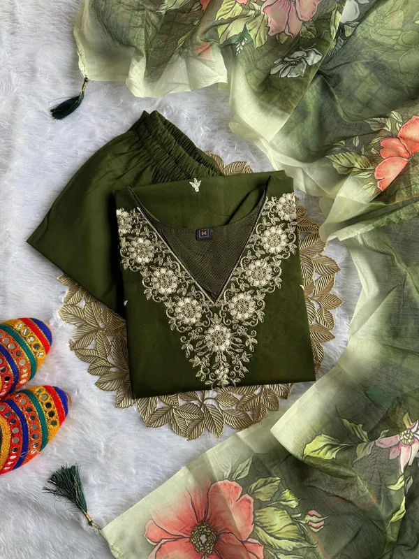 Olive_Green_Embroidered_Kurta_Set_With_Floral_Dupatta_For_Women