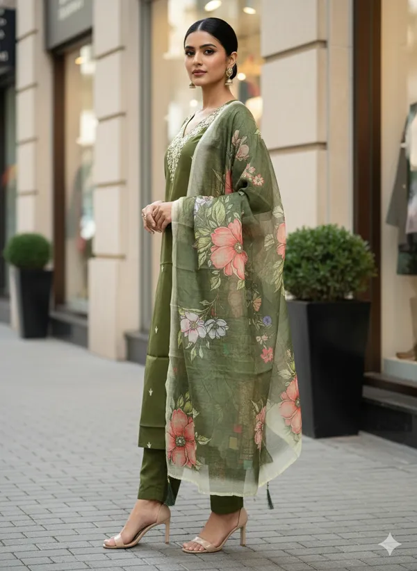 Olive_Green_Embroidered_Kurta_Set_With_Floral_Dupatta_For_Women