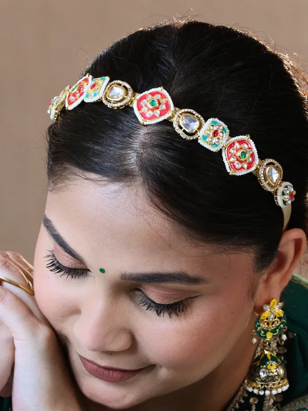 Pink__And__White_Alloy_With_Gold_Plating_Premium_Maangtikka_Hairb_And__For_Women
