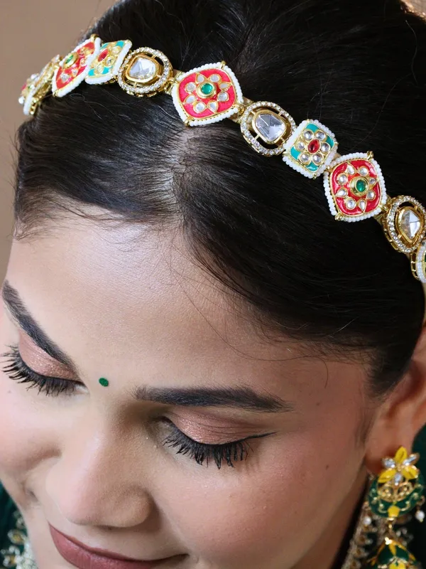Pink__And__White_Alloy_With_Gold_Plating_Premium_Maangtikka_Hairb_And__For_Women