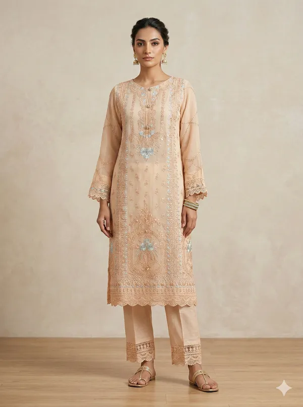 Pink_And_Beige_Organza_Suit_For_Women_Pack_Of_2