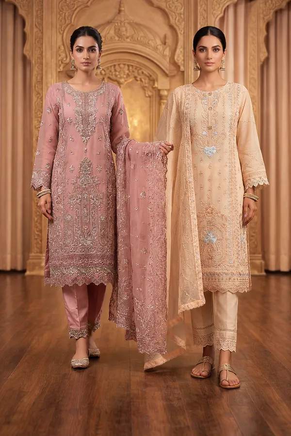 Pink_And_Beige_Organza_Suit_For_Women_Pack_Of_2