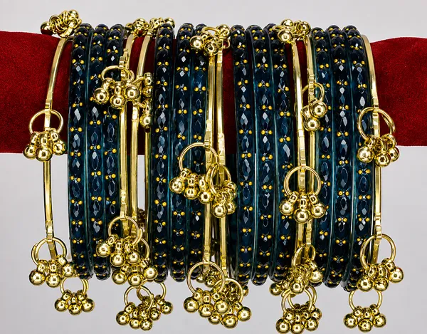 Golden_Set_of_8_Kashmiri_Ghungroo_+_12_Glass_Bangles_-_Dark_Firozi_Color