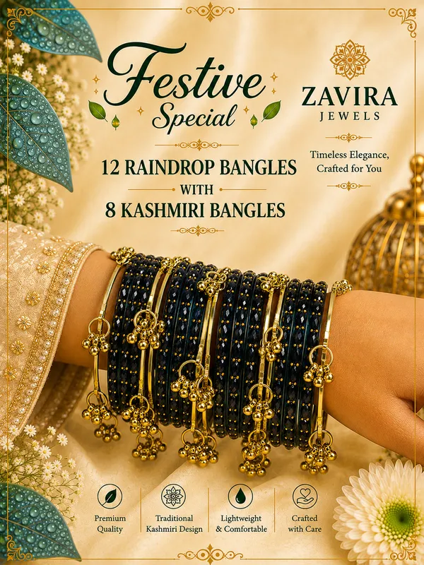 Golden_Set_of_8_Kashmiri_Ghungroo_+_12_Glass_Bangles_-_Dark_Firozi_Color