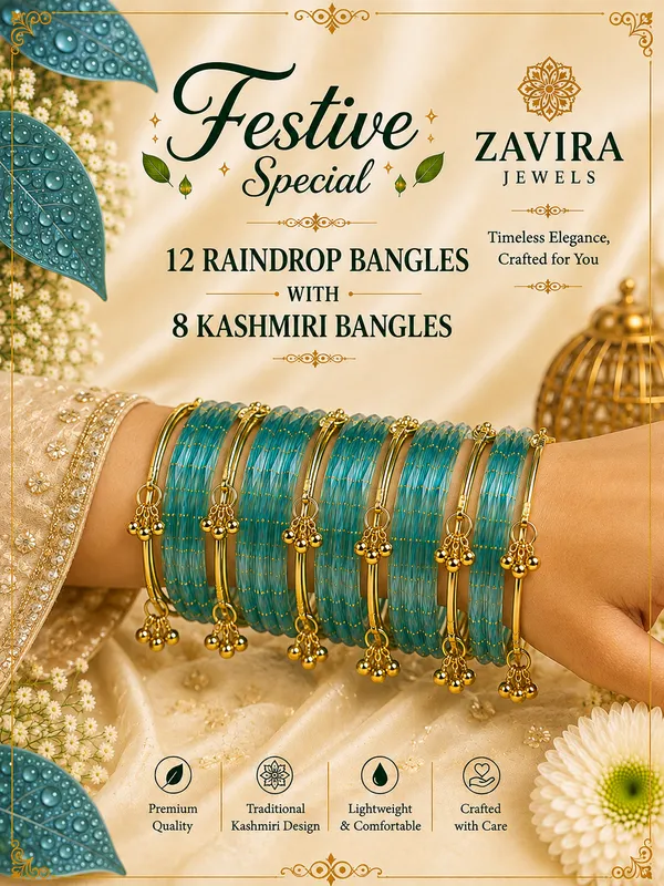 Golden_Set_of_8_Kashmiri_Ghungroo_+_12_Glass_Bangles_-_Light_Firozi_Color