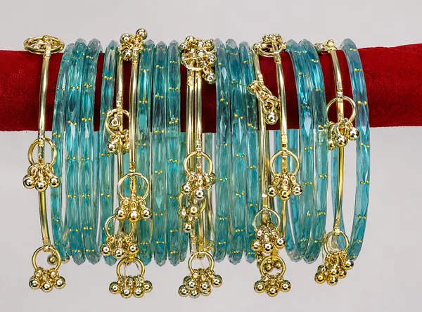 Golden_Set_of_8_Kashmiri_Ghungroo_+_12_Glass_Bangles_-_Light_Firozi_Color