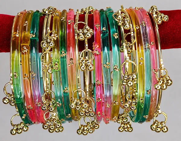 Golden_Set_of_8_Kashmiri_Ghungroo_+_12_Glass_Bangles_-_Light_Multi_Color