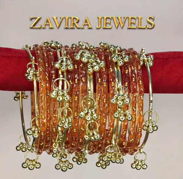 Golden_Set_of_8_Kashmiri_Ghungroo_+_12_Glass_Bangles_-_Orange_Color