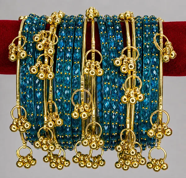 Golden_Set_of_8_Kashmiri_Ghungroo_+_12_Glass_Bangles_-_Peacock_Blue_Color