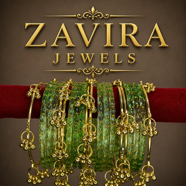 Golden_Set_of_8_Kashmiri_Ghungroo_+_12_Glass_Bangles_-_Pista_Color