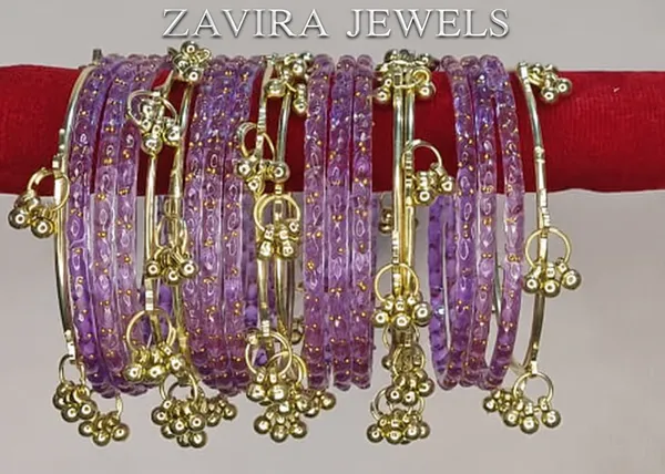 Golden_Set_of_8_Kashmiri_Ghungroo_+_12_Glass_Bangles_-_Purple_Color