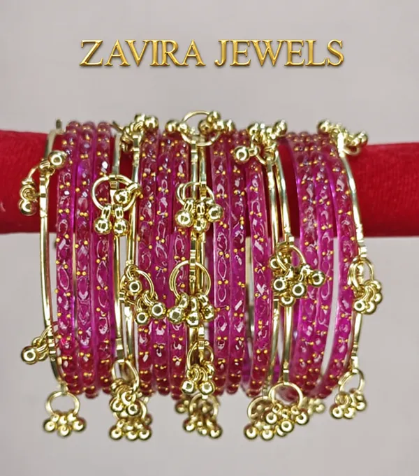 Golden_Set_of_8_Kashmiri_Ghungroo_+_12_Glass_Bangles_-_Rani_Color
