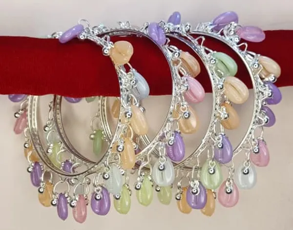 Multicolor_Bead_Shells_Silver_Kashmiri_Bangles_Set_of_4_with_Ghungroo_Studded_for_Women_&_Girls