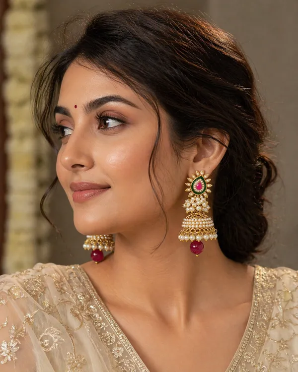 Multicolor_Gold_Plated_Pearl_&_Red_Stone_Floral_Jhumkhas
