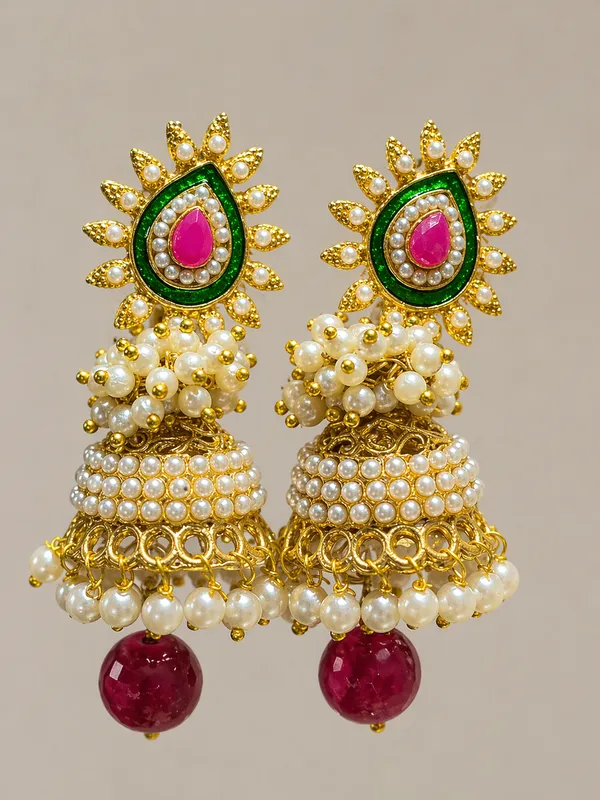 Multicolor_Gold_Plated_Pearl_&_Red_Stone_Floral_Jhumkhas