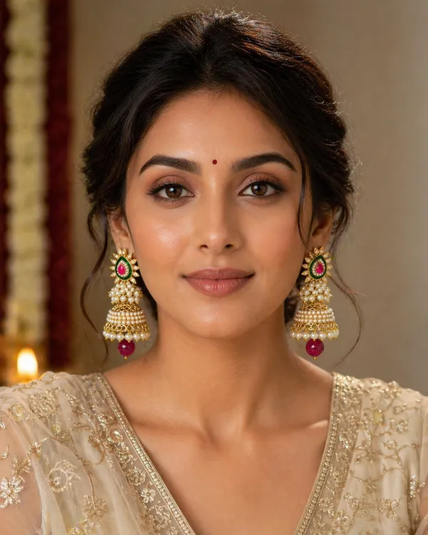 Multicolor_Gold_Plated_Pearl_&_Red_Stone_Floral_Jhumkhas