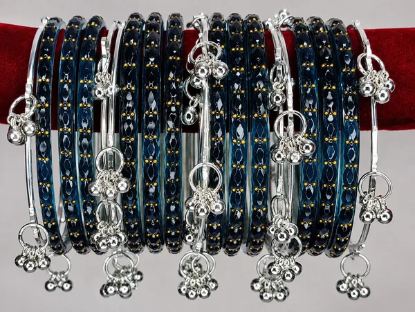 Silver_Set_of_8_Kashmiri_Ghungroo_+_12_Glass_Bangles_-_Dark_Firozi_Color