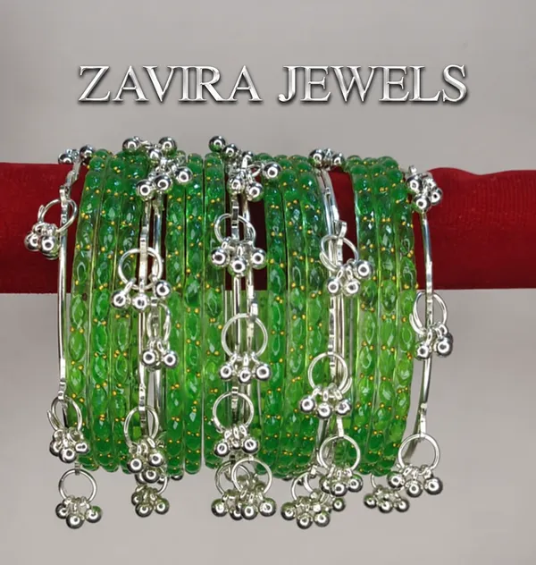 Silver_Set_of_8_Kashmiri_Ghungroo_+_12_Glass_Bangles_-_Parrot_Green_Color