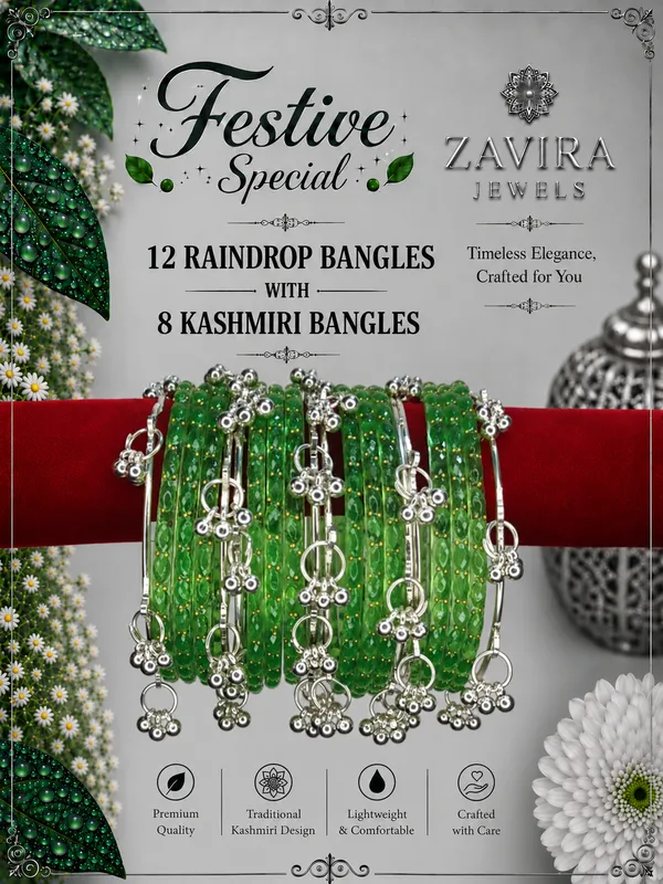 Silver_Set_of_8_Kashmiri_Ghungroo_+_12_Glass_Bangles_-_Parrot_Green_Color