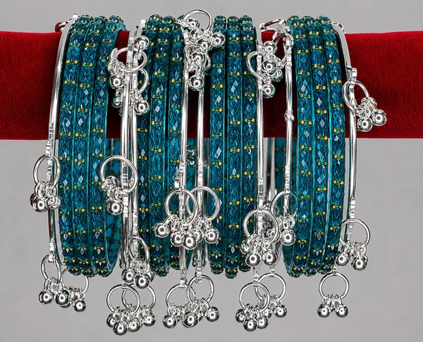 Silver_Set_of_8_Kashmiri_Ghungroo_+_12_Glass_Bangles_-_Peacock_Blue_Color