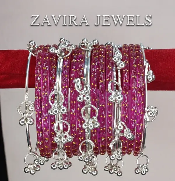 Silver_Set_of_8_Kashmiri_Ghungroo_+_12_Glass_Bangles_-_Rani_Color