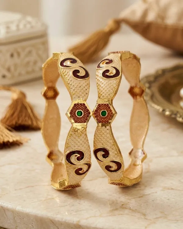 Traditional_Gold-Toned_Designer_Bangles_with_Red_Enamel_Work_and_Green_Stone_Accents_(Set_of_2)