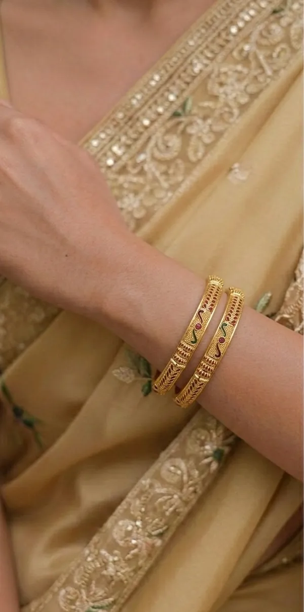 Gold-Toned_Peacock_Design_Meenakari_Bangles_with_Red_Enamel_(Set_of_2)