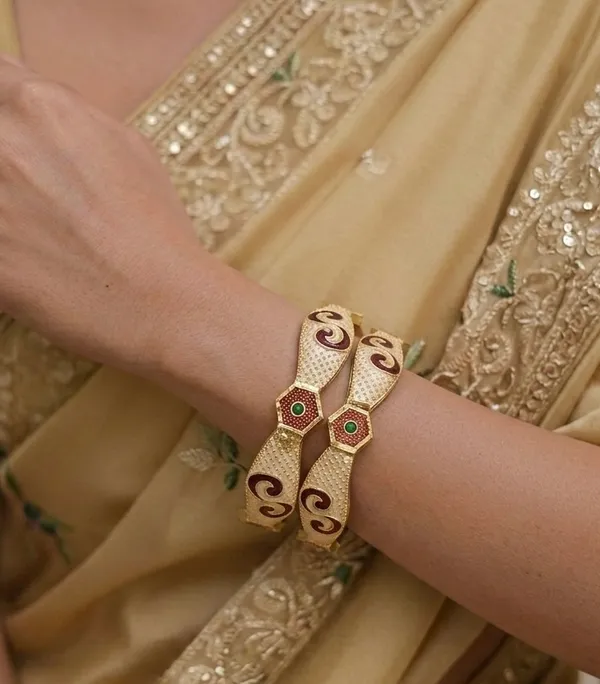 Traditional_Gold-Toned_Designer_Bangles_with_Red_Enamel_Work_and_Green_Stone_Accents_(Set_of_2)