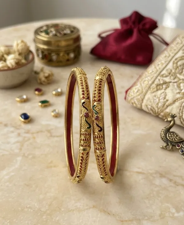 Gold-Toned_Peacock_Design_Meenakari_Bangles_with_Red_Enamel_(Set_of_2)