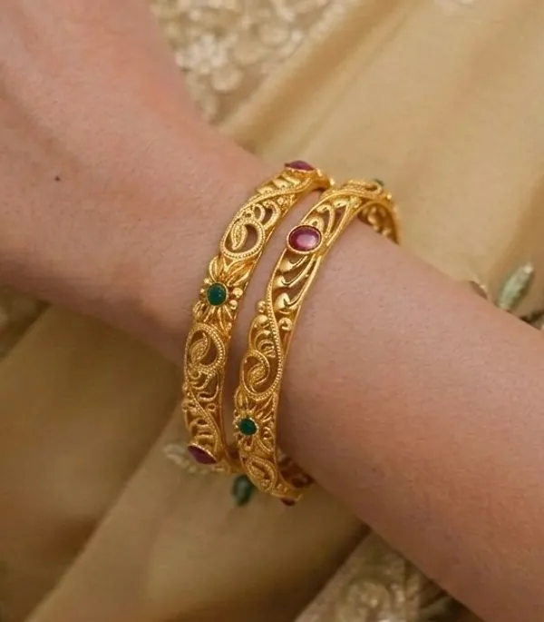 Gold-Plated_Antique_Bangles_with_Ruby_and_Emerald_Stones_(Set_of_2)