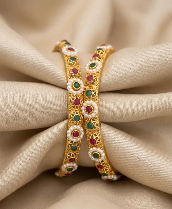 Gold-Plated_Antique_Bangles_with_Ruby_and_Emerald_Stones_(Set_of_2)