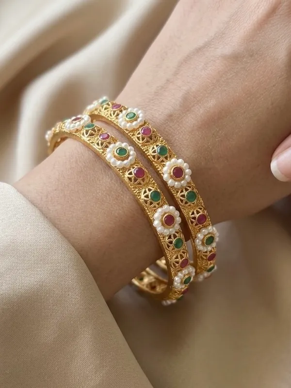 Gold-Plated_Antique_Bangles_with_Ruby_and_Emerald_Stones_(Set_of_2)