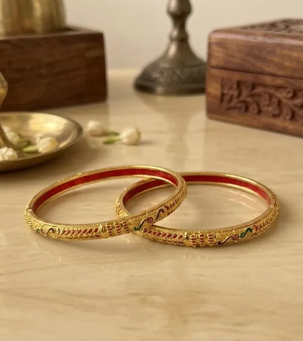 Gold-Toned_Peacock_Design_Meenakari_Bangles_with_Red_Enamel_(Set_of_2)