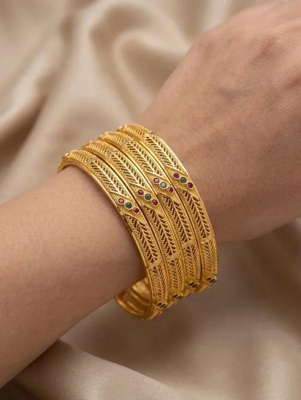Golden_Textured_Bangles_With_Multicolor_Enamel_Flower_Design_Set_Of_2_For_Women