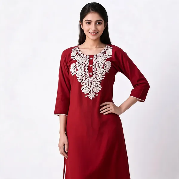 Maroon_Embroidered_Floral_Neckline_Kurta_For_Women